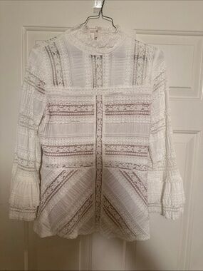 cinq a sept White Lace High-Neck Blouse with Crochet Panels